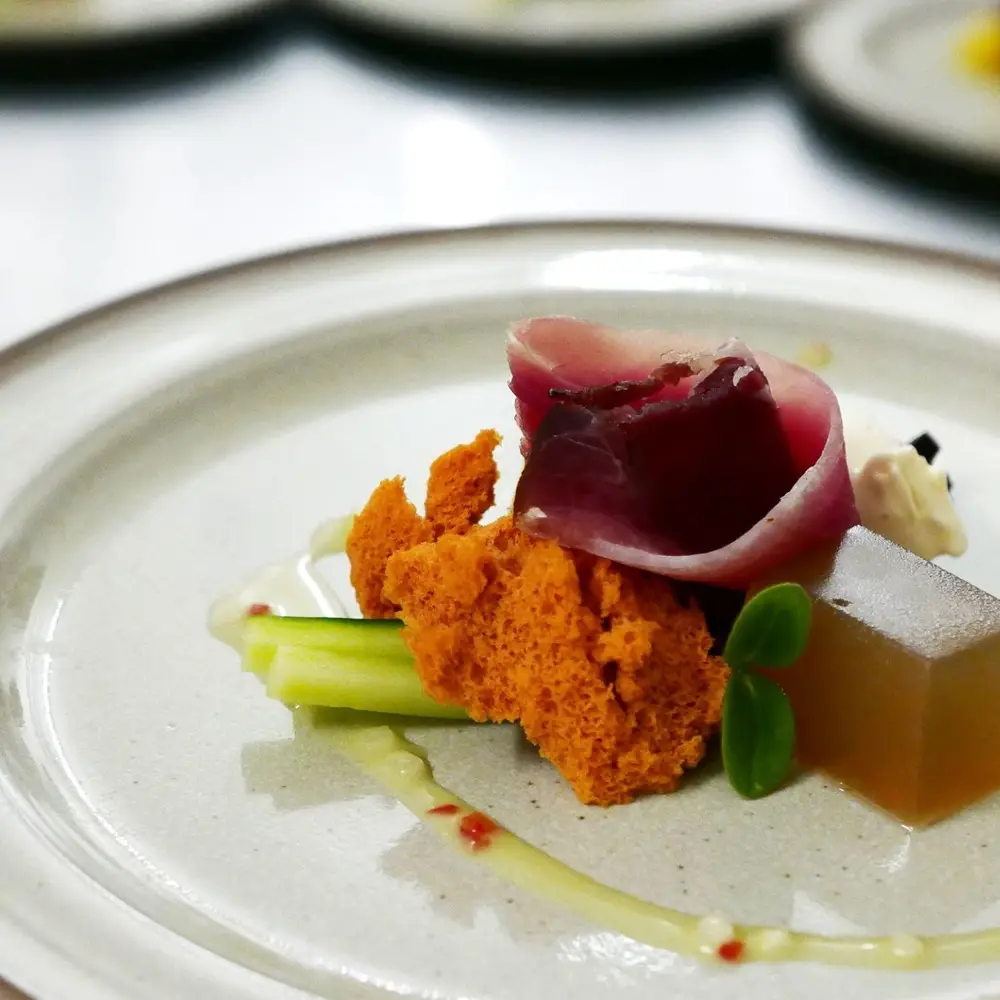 Fine dining fogás tányéron, bordó terrine-nel